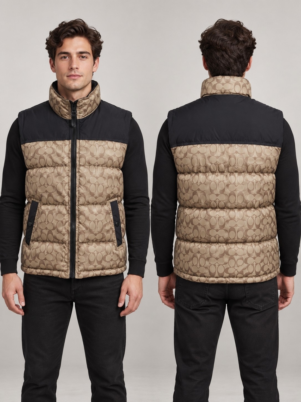 Coach Men’s Signature Down Puffer Vest Khaki Black Size M C5935